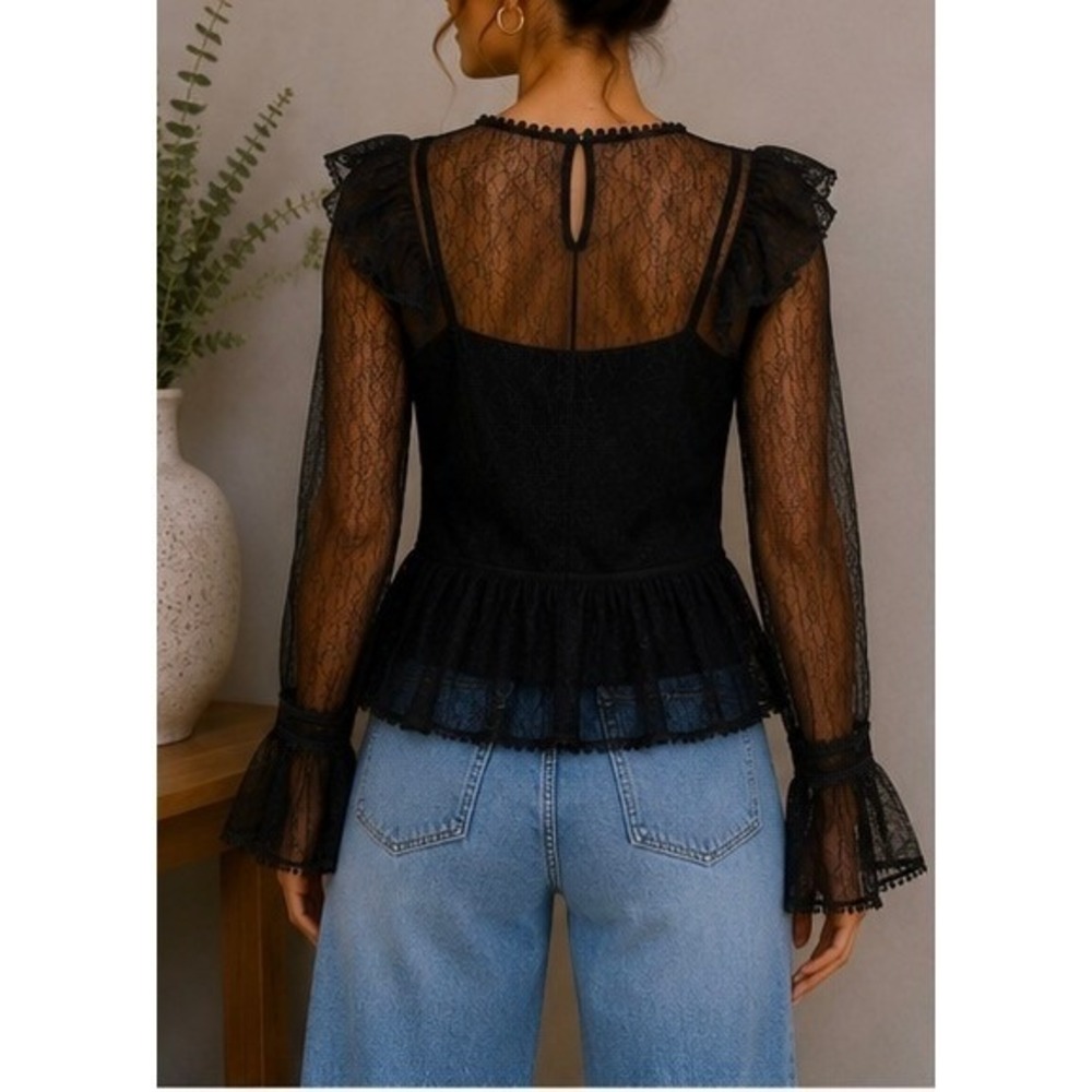Black Sheer Lace Peplum Top Ruffle Shoulder Bell Sleeve Keyhole Back Size-M - Picture 2 of 2